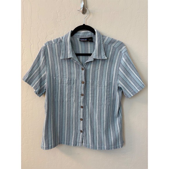 Patagonia Tops - Patagonia Organic Cotton Button Up Short Sleeve Shirt Blue Stripe L
